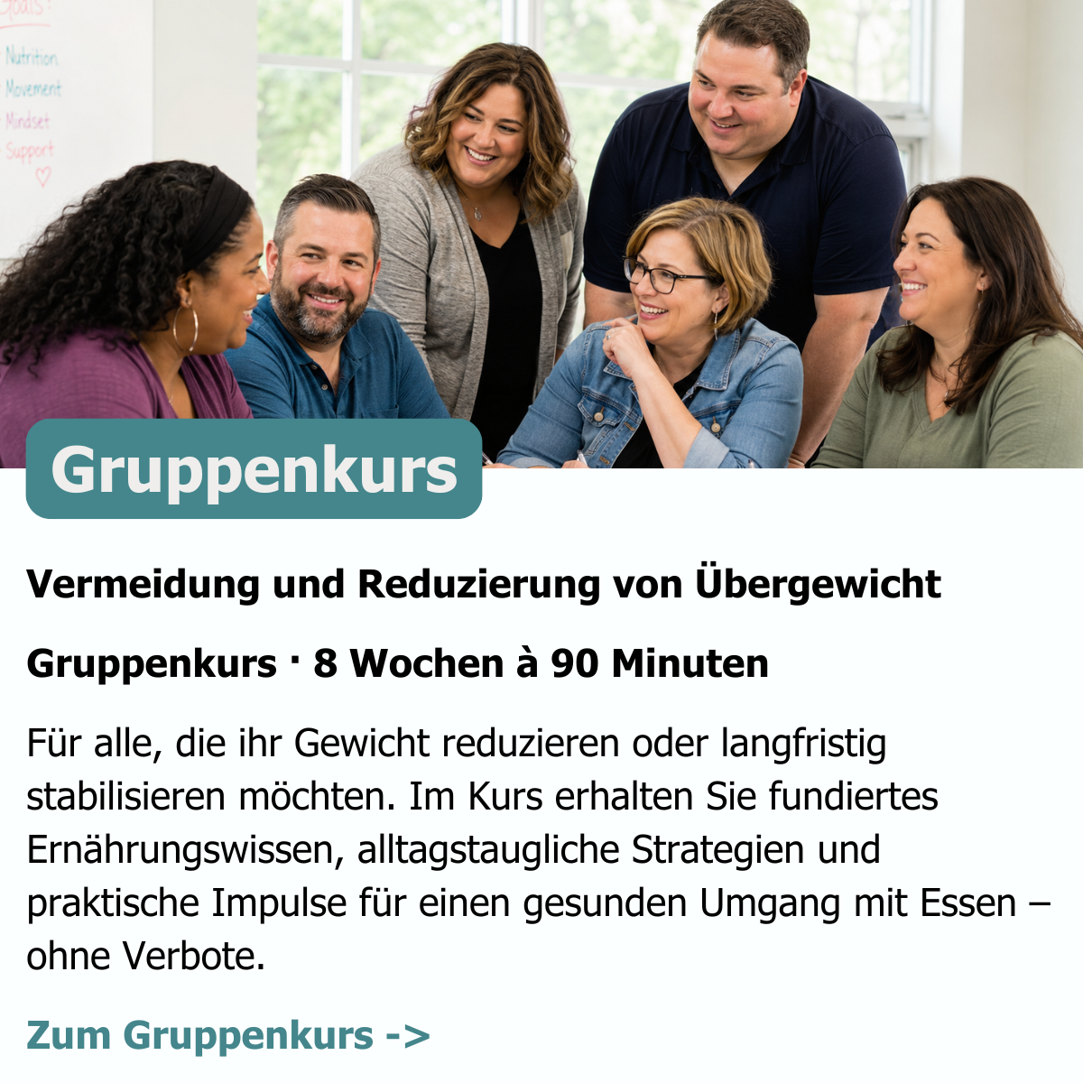 Vermeidung und Reduzierung von Übergewicht Gruppenkurs · 8 Wochen à 90 Minuten Für alle, die ihr Gewicht reduzieren oder langfristig stabilisieren möchten. Im Kurs erhalten Sie fundiertes Ernährungswissen, alltagstaugliche Strategien und praktische Impulse für einen gesunden Umgang mit Essen – ohne Verbote.